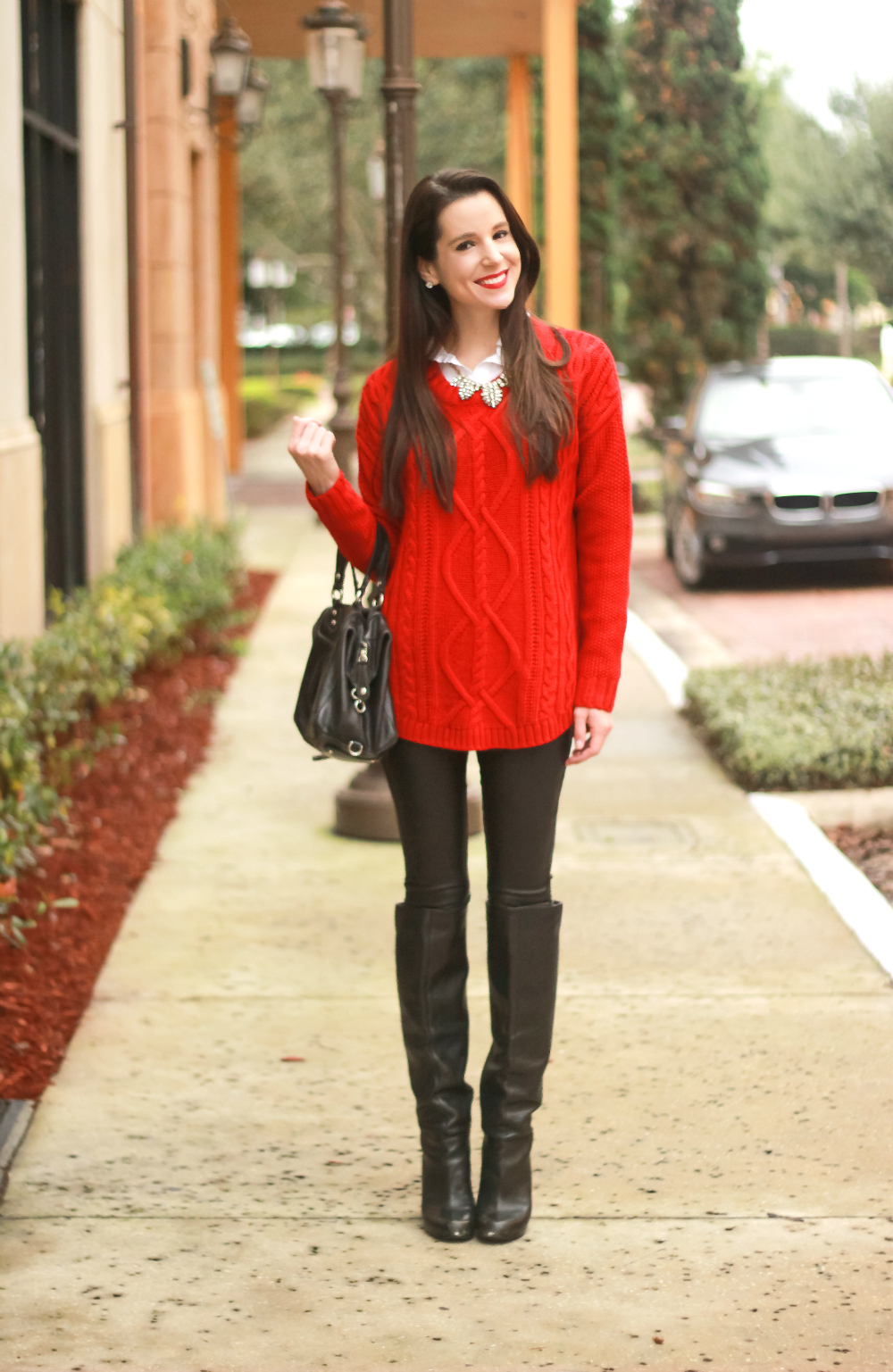 Oversized Red Cable Knit + Faux Leather Leggings - Diary Of A Debutante Oversized Red Cable Knit + Faux Leather Leggings - Diary Of A Debutante